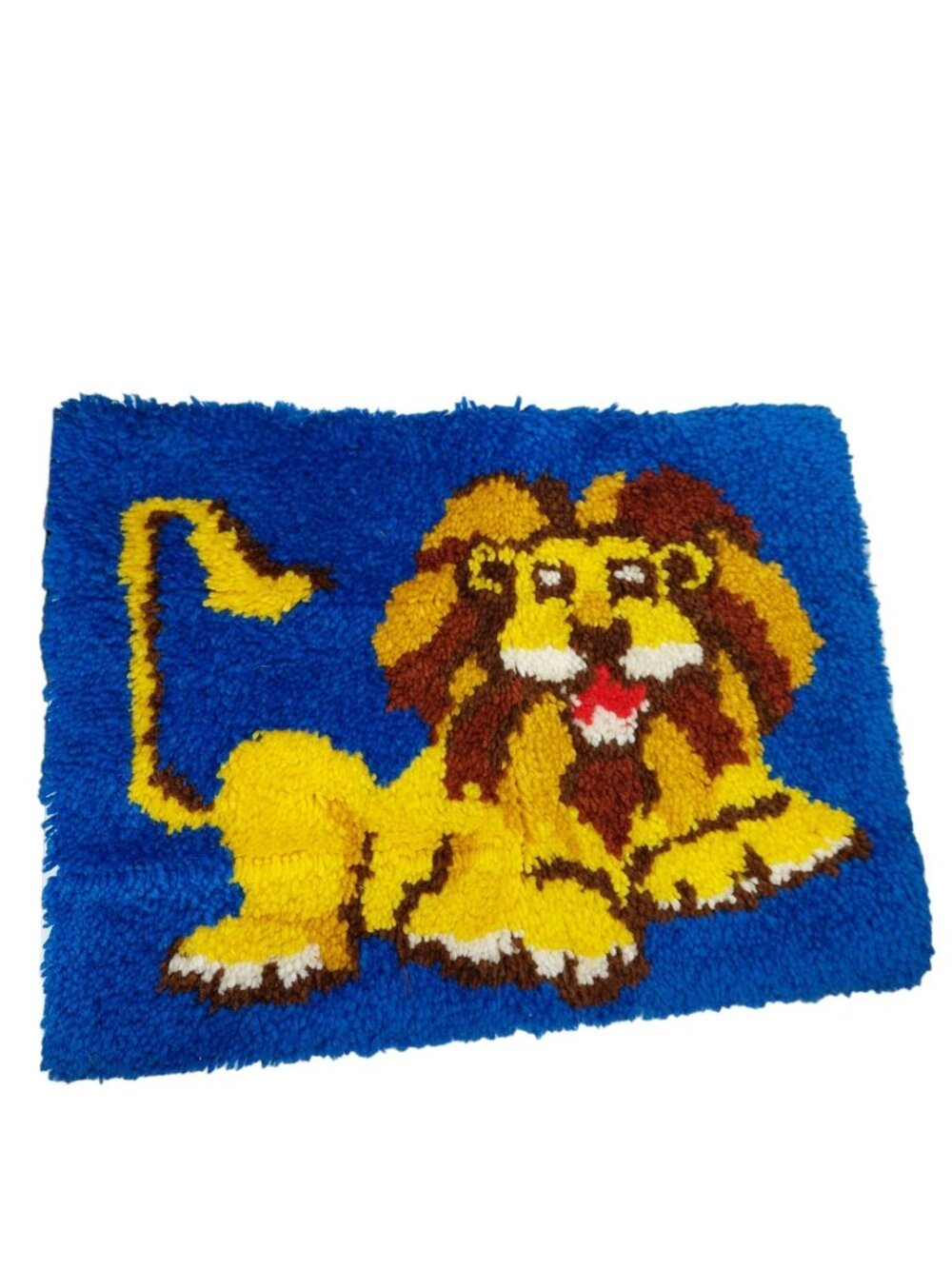 Lion Latch Hook Rug Wall Hanging Large 19" x 26" Blue Yellow